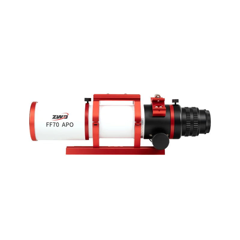 ZWO FF70 APO telescope for astrophotography with red mounting bracket