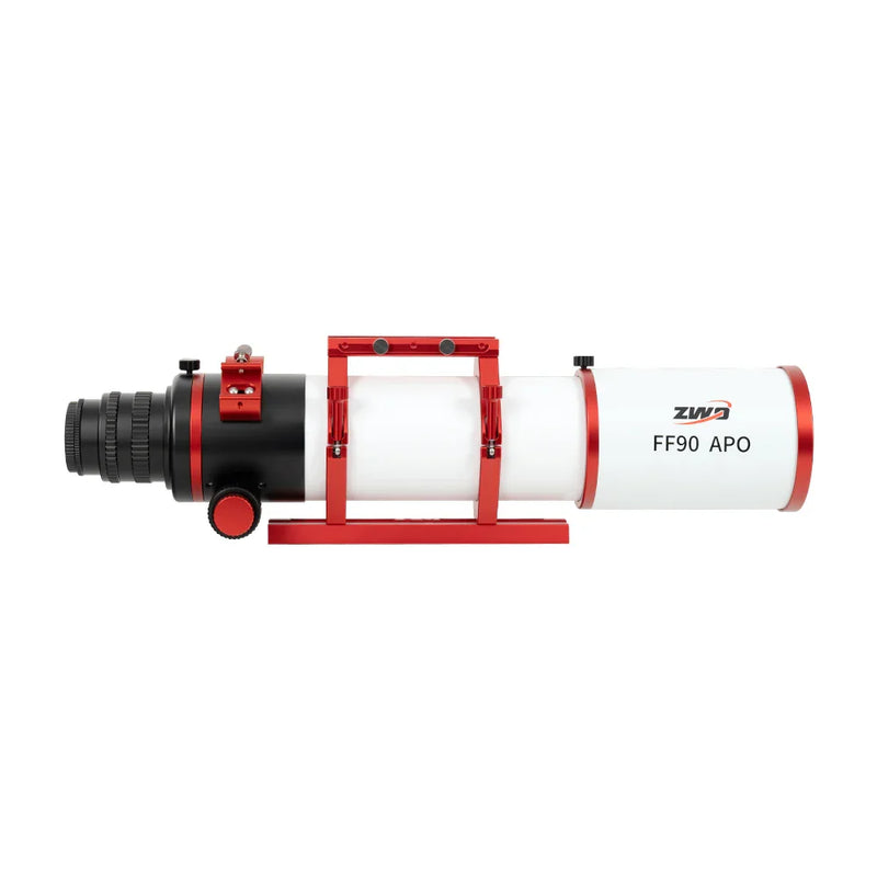 ZWO FF90 APO refractor telescope with red mounting rings for astrophotography