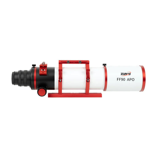 ZWO FF90 APO refractor telescope with red mounting rings for astrophotography