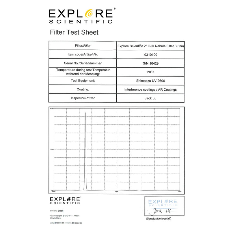 Filtre pour Nebuleuse Explore Scientific Oxygène III 2 pouces 6,5 nm (310100)