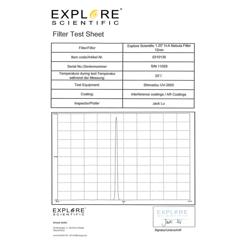 Filtre pour Nébuleuse Explore Scientific H-Alpha 1,25 pouce 12 nm (310135)