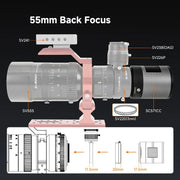 Astrophotography telescope setup diagram with labeled components, 55mm back focus guide
