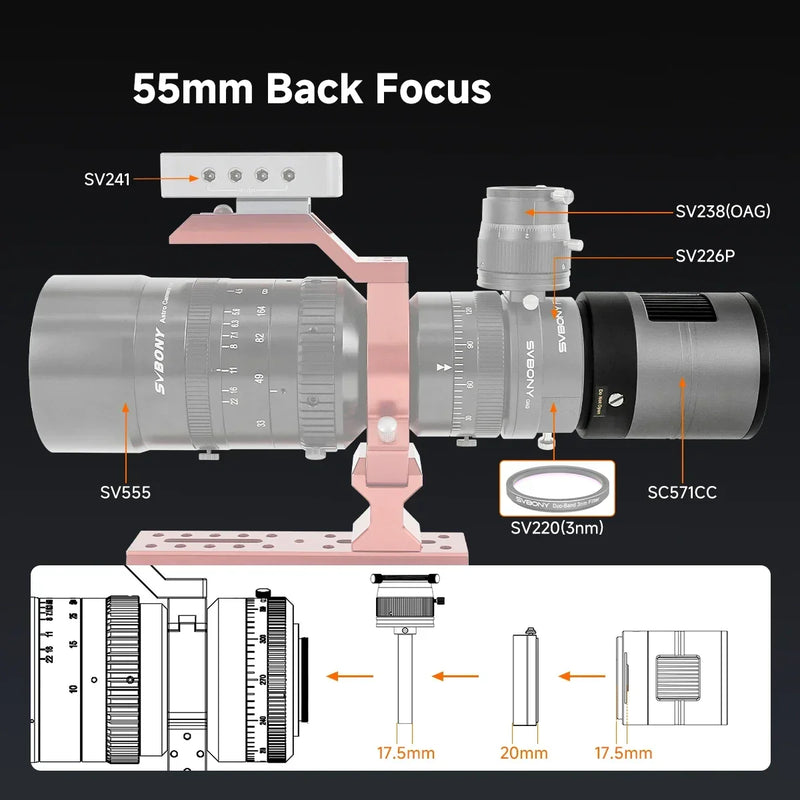 Astrophotography telescope setup diagram with labeled components, 55mm back focus guide