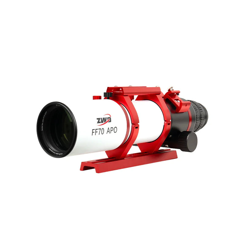 ZWO FF70 APO telescope for astrophotography with red mounting bracket