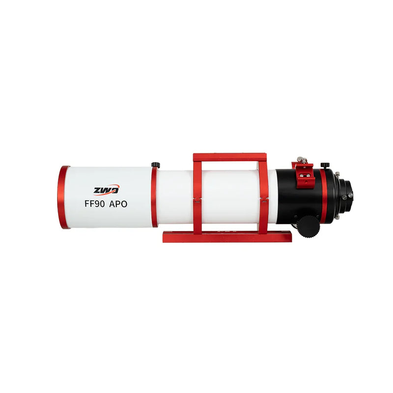 ZWO FF90 APO astrograph telescope with red mounting rings for astrophotography