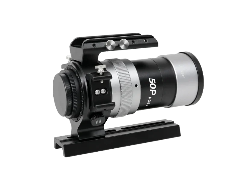 50mm f3.8 guide scope for astrophotography, mounted on black dovetail bar