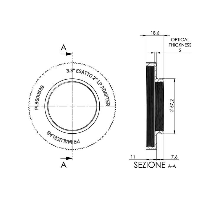 PrimaLuceLab ESATTO Adaptateur à profil bas 2" pour télescopes avec grand filetage SC de 3,3" (PL3600539)