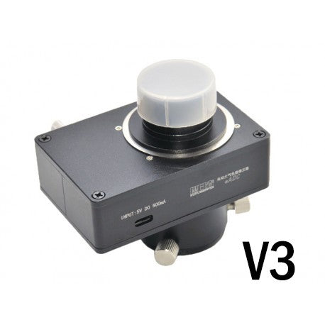 The image shows the Astronomy Plus eADC V3 Electronic Atmospheric Dispersion Corrector, a device designed for advanced astrophotography and high-precision visual observation.