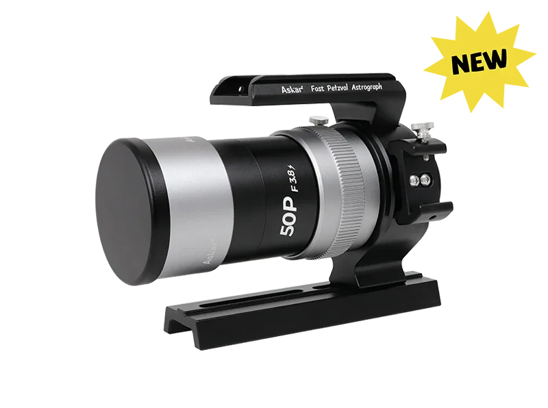 Askar 50P F3.8 compact astrograph telescope with black and silver finish, labeled 'NEW'