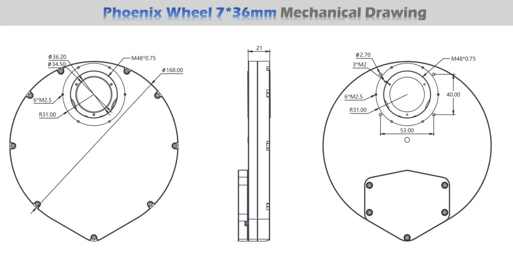 Player One Phoenix Wheel 7x36 mm Electronic Filter Wheel (PW7-36) - Astronomy Plus