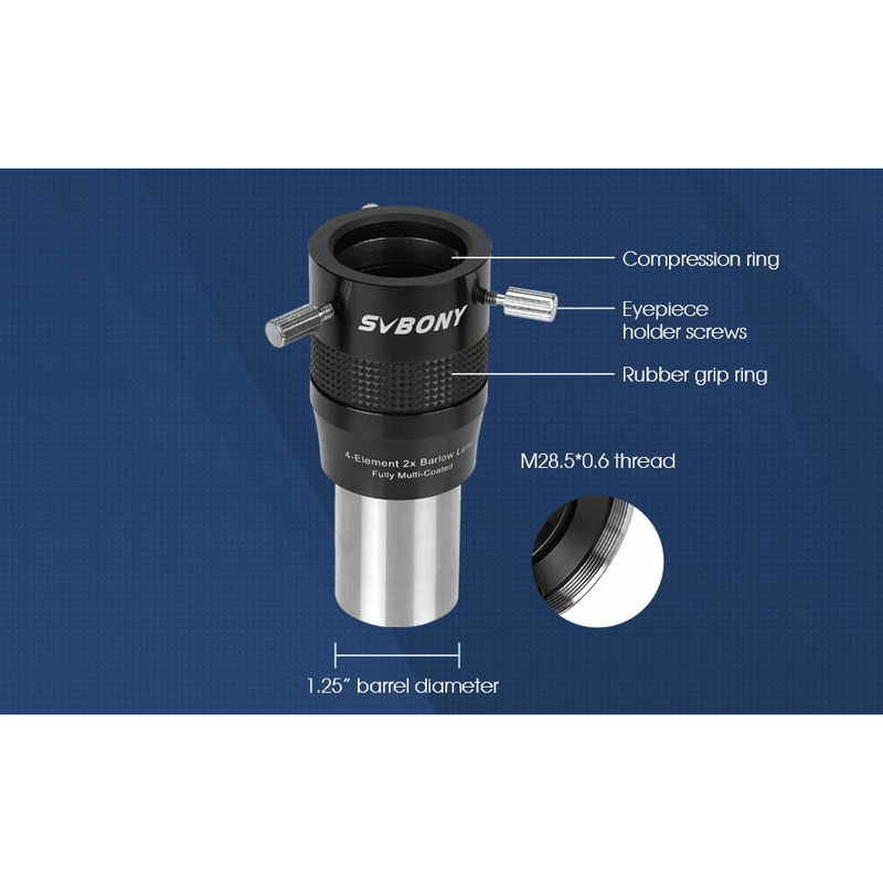 SVBONY 1.25" 2X 4-Element Barlow Lens (W9168A) - Astronomy Plus